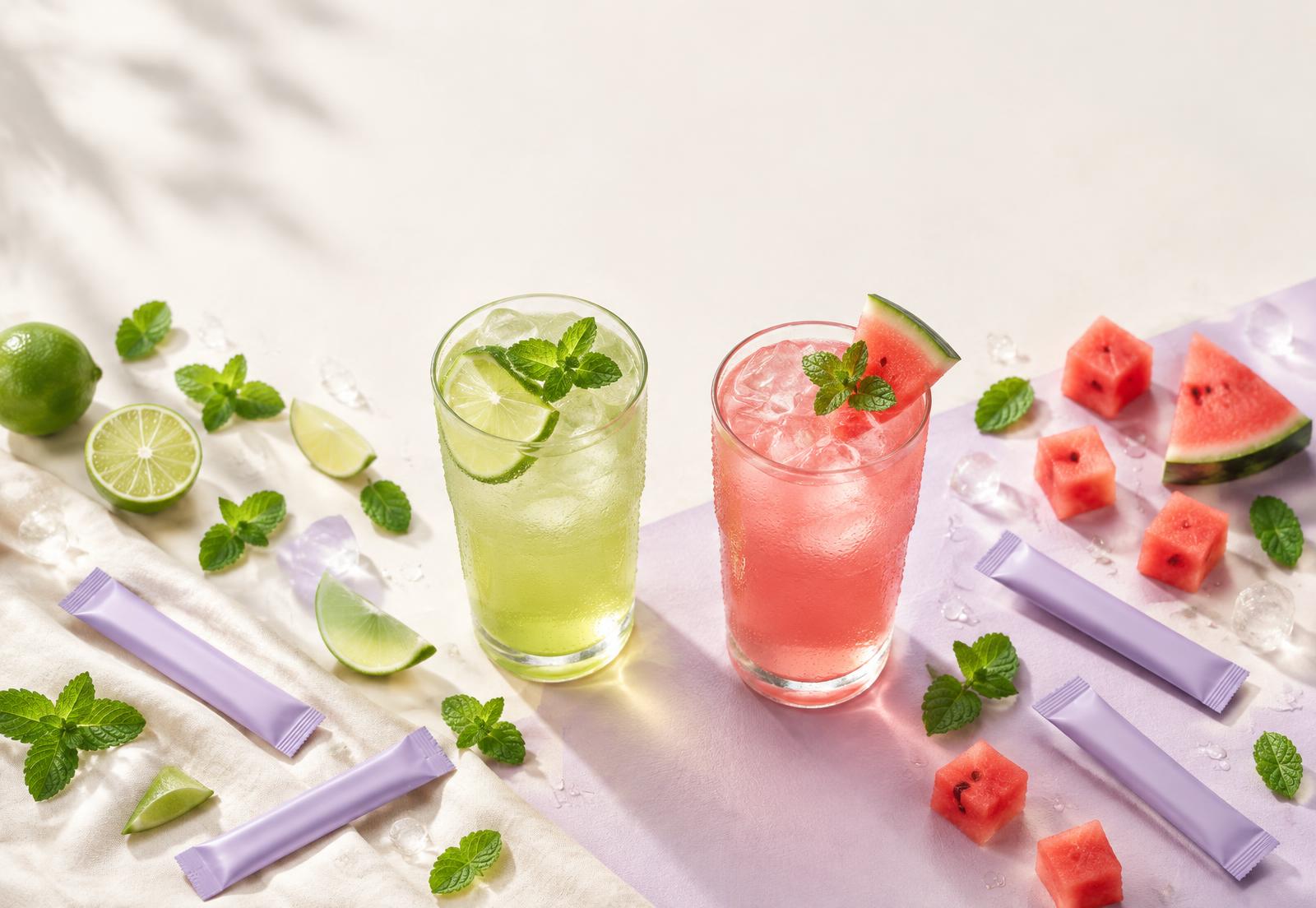 Two glasses of iced Cleanse & Reset with lime and watermelon