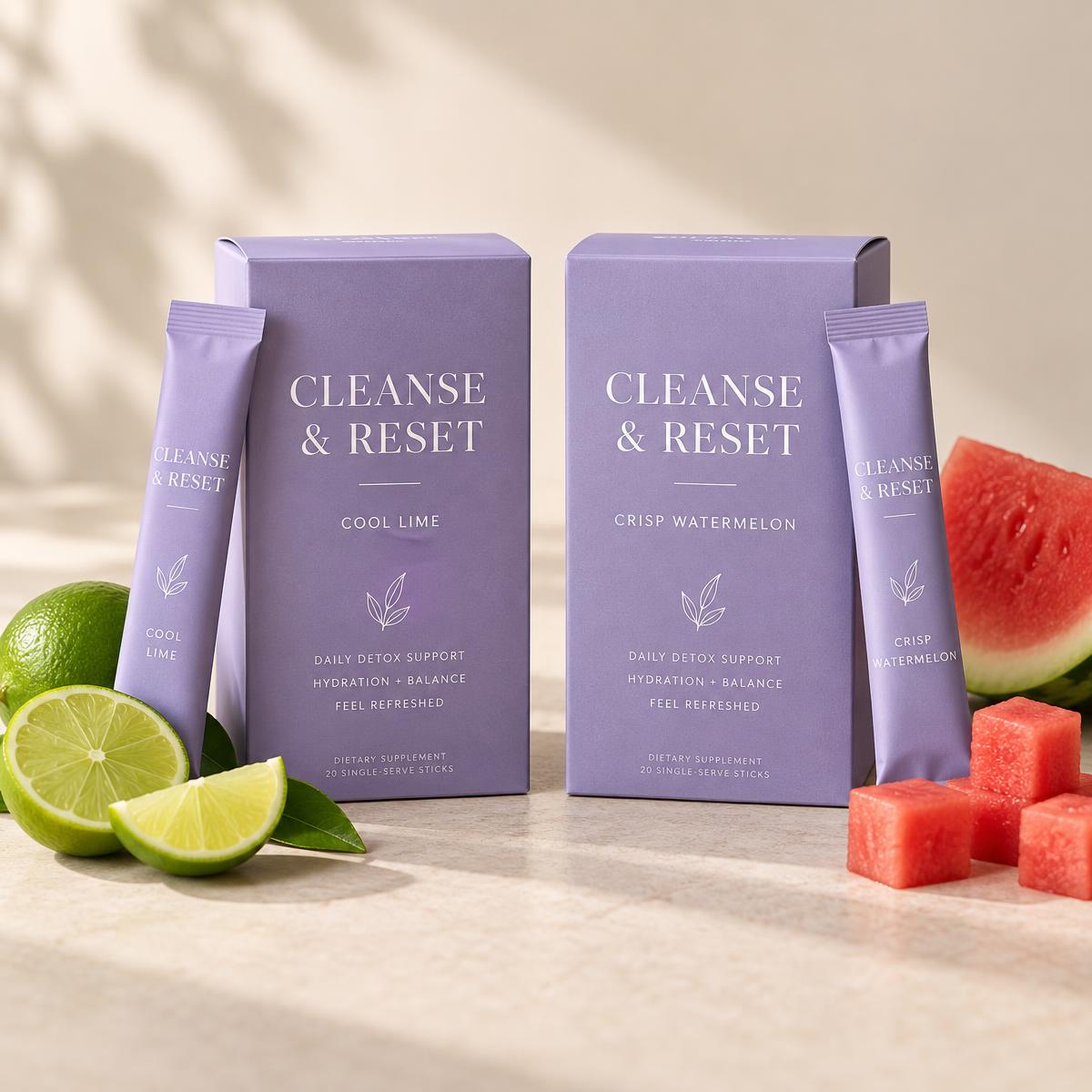 Cleanse & Reset sample pack boxes and single-serve sticks